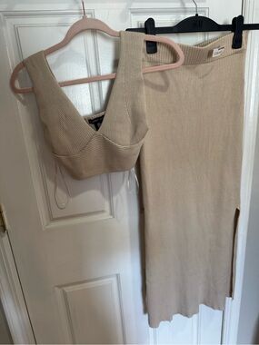 Sincerly Jules Beige Ribbed Knit Skirt Set
